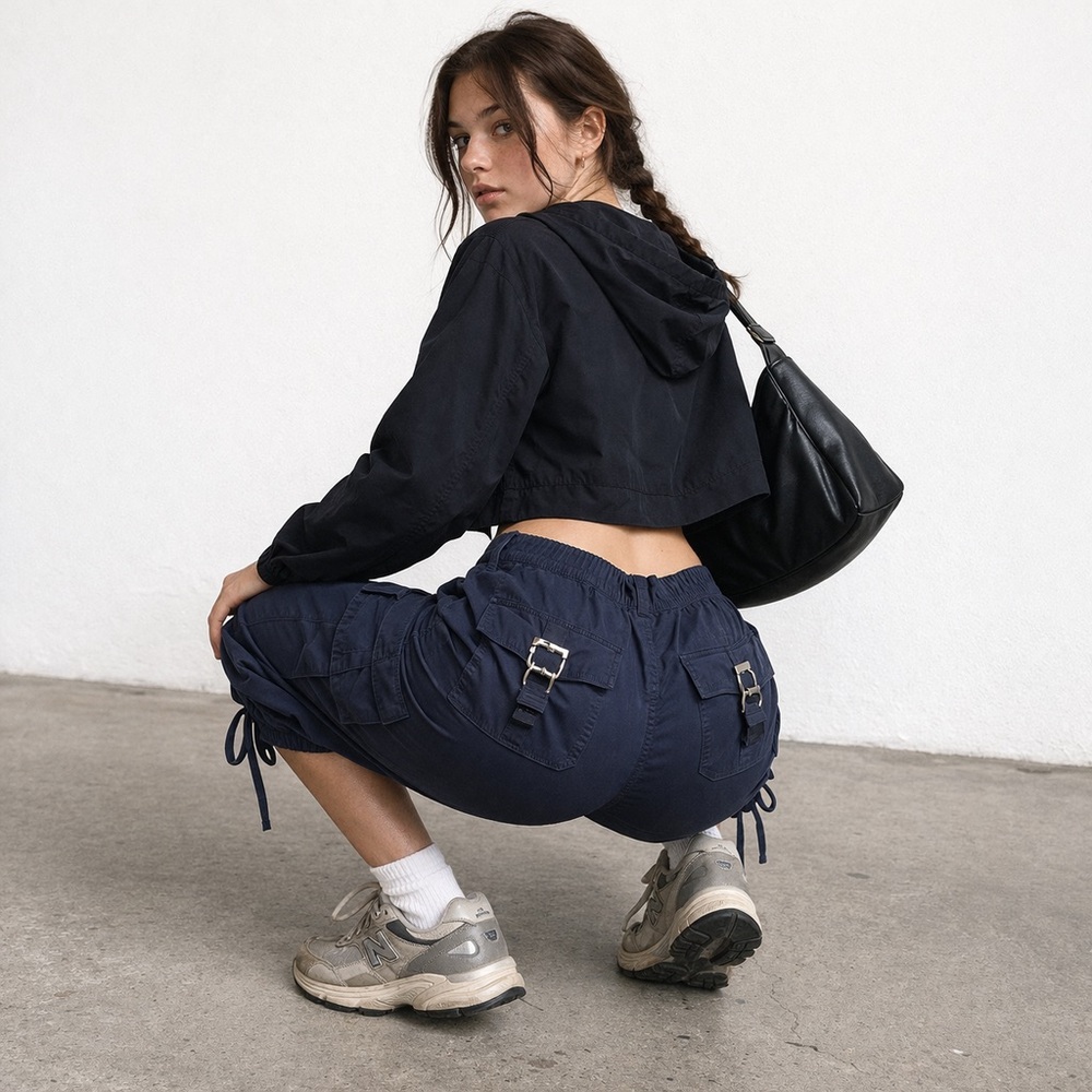 Womens Navy Cargo Capri Pants 22W Y2K Baggy Utility Buckle Pockets